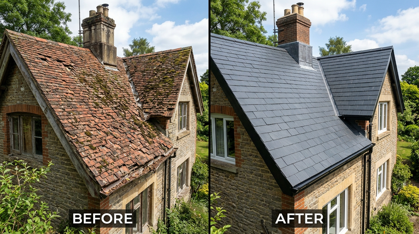 Before and after roof transformation by Atlas Roofing & Building