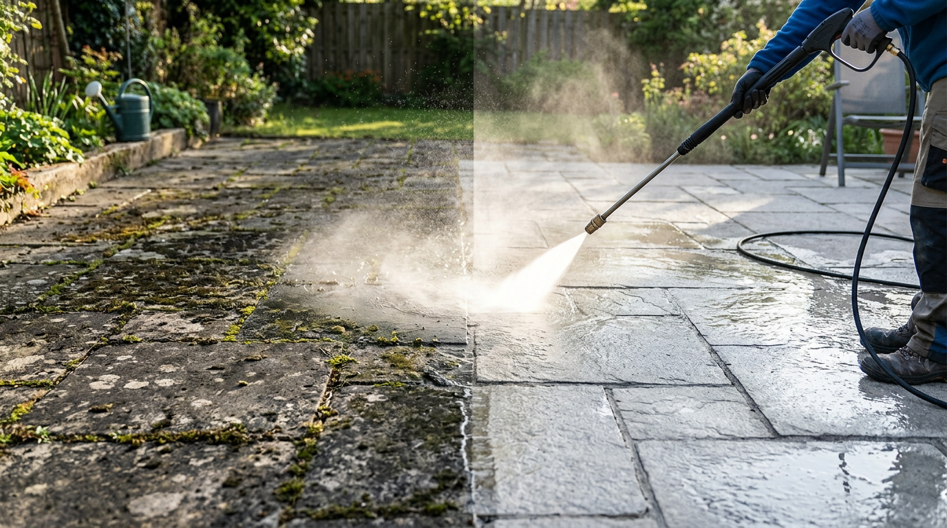 Before and after jet washing transformation